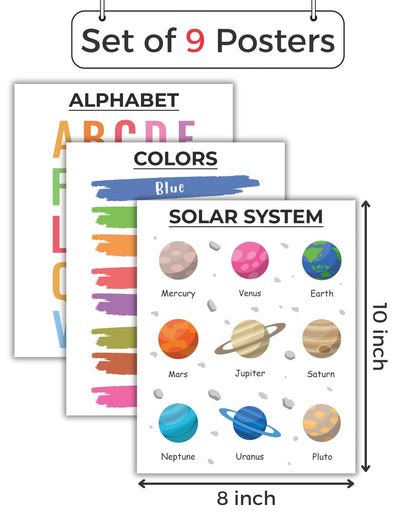 CNTG Design Educational Posters – Set of 9, 8x10 Inch Unframed Wall Art – Alphabet, Numbers, Solar System, Shapes & Classroom Decor for Homeschool (Essential Learning)