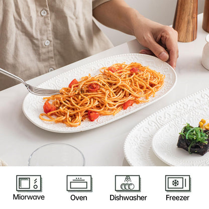 MVYAVYUS Oval Embossed Serving Platter Set, Stackable Serving Tray, Ceramics White Serving Platters for Entertaining, Serving Dishes for Wedding, Dishwasher & Oven Safe, Gift for Housewarming (3PCS)
