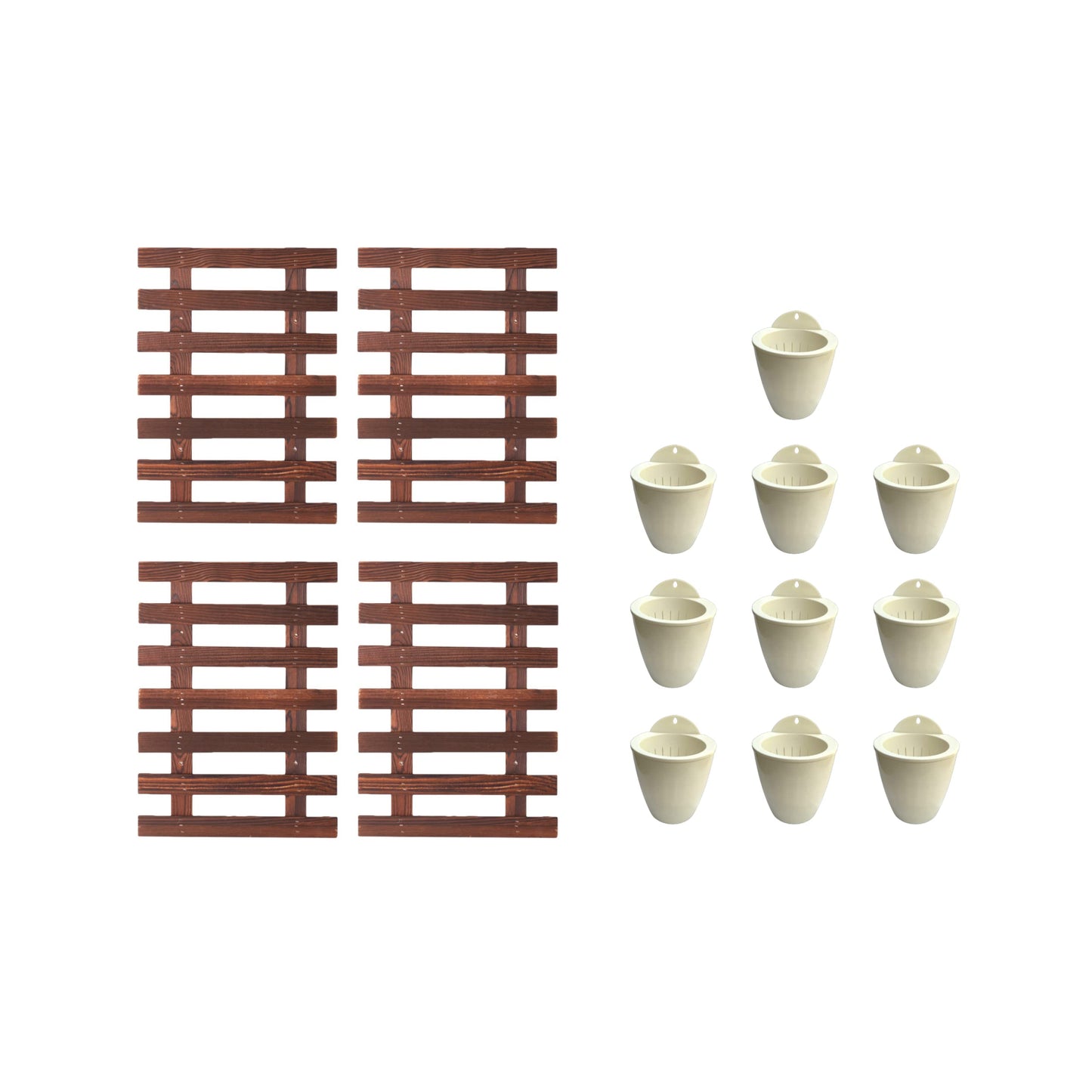 LalaGreen Bundle - 4" x 10 Pack Self Watering Plastic Pot + 4 Pack Wooden Orchid Hanging Planters for Indoor Plants, Wall Mount Plant Stand Ladder, Outdoor Vertical Garden Modern Hydroponic