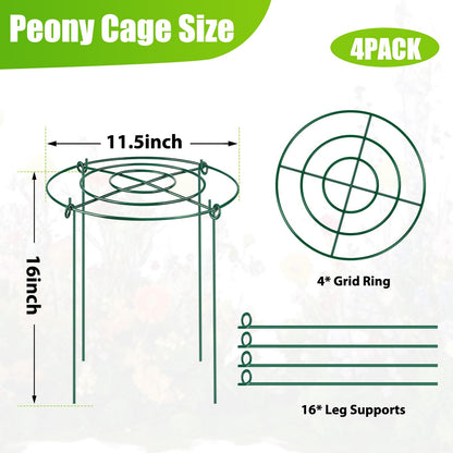 4 Pack Peony Cages and Supports, 11.5" Dx16 H Plant Supports for Outdoor Plants, Heavy Duty Metal Peony Support Cage Flower Support Rings, Plant Support Ring for Rose Tomato Hydrangea Strawberry
