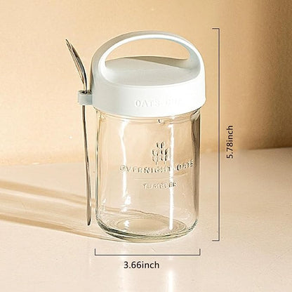 2Pack Overnight Oats Containers with Lids and Handle,14 oz Airtight Oatmeal Container,Mason Jars with Lid for Cereal,Milk,Fruit,Yogurt,On The Go Container,Salad Jars,Glass Jars (White)