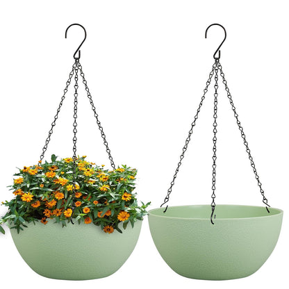 WSMKSZ 10 inch Hanging Planters for Outdoor Indoor Plants with Drainage Holes and Chain, 2 Pack Round Hanging Flower Pots for Garden Home Porch Decor,Green