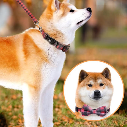 IVY&LANE Dog Collar with Bowtie and Leash Set | Plaid Adjustable Dog Collar | Detachable Bow Tie |5 FT Dog Leash | for Small Medium Large Dogs | Checkered Red | Small