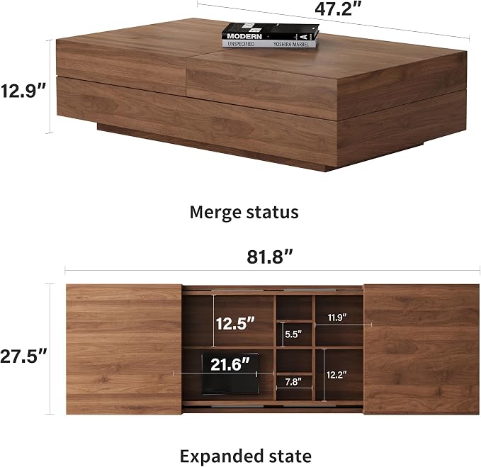 Mid-Century Modern 94.48" TV Stand and Expandable Coffee Table Set, Large Walnut Entertainment Center with Storage for Living Room and Bedroom Furniture Decor