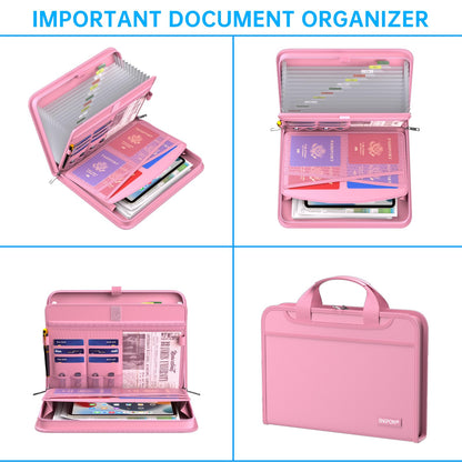 ENGPOW Accordion File Organizer,Fireproof Expanding File Folder with Multi Pockets,13 Pockets Document Organizer with Handle & Labels,Portable Home Travel Safe Storage Folder for Letter A4 Files,Pink