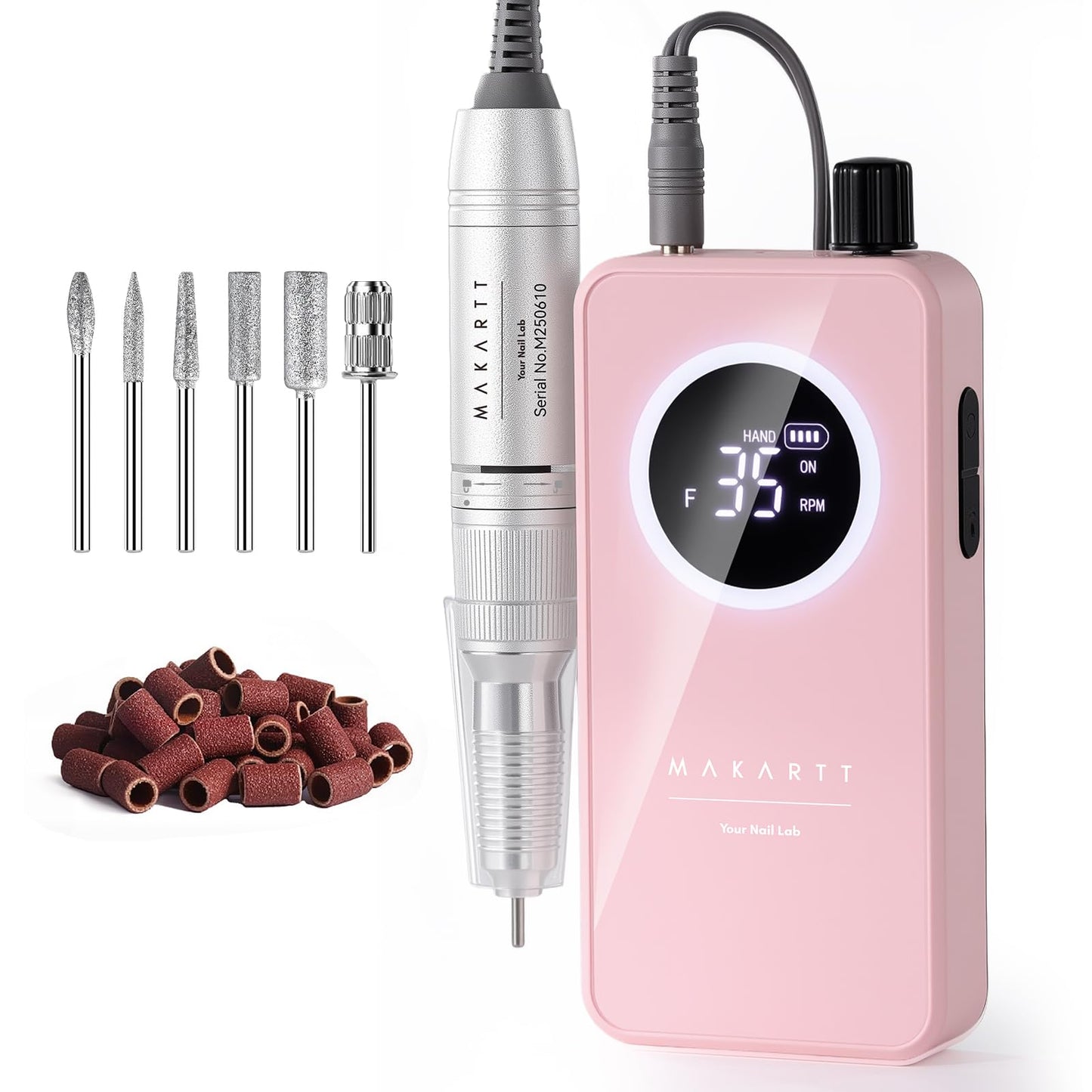 Makartt Nail Drill Professional: 60W 35000RPM Electric Nail File with Coreless Motor, 2 in 1 Desktop & Portable, Drill Bits and LCD Display for Acrylic Gel Nails, Nouvella Pink