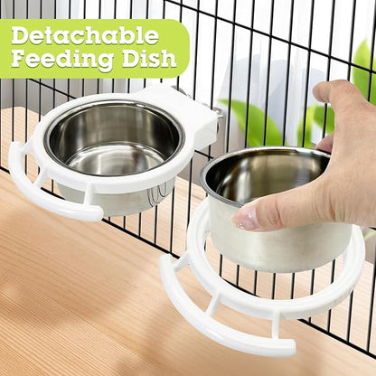 Stainless Steel Bird Bowls for Cage 2 Pcs Parrot Feeding Dish Metal Food and Water Cups Detachable Birds Cage Feeder Hanging Finch Food Plates with Perch for Parakeet Budgie Lovebird (White)