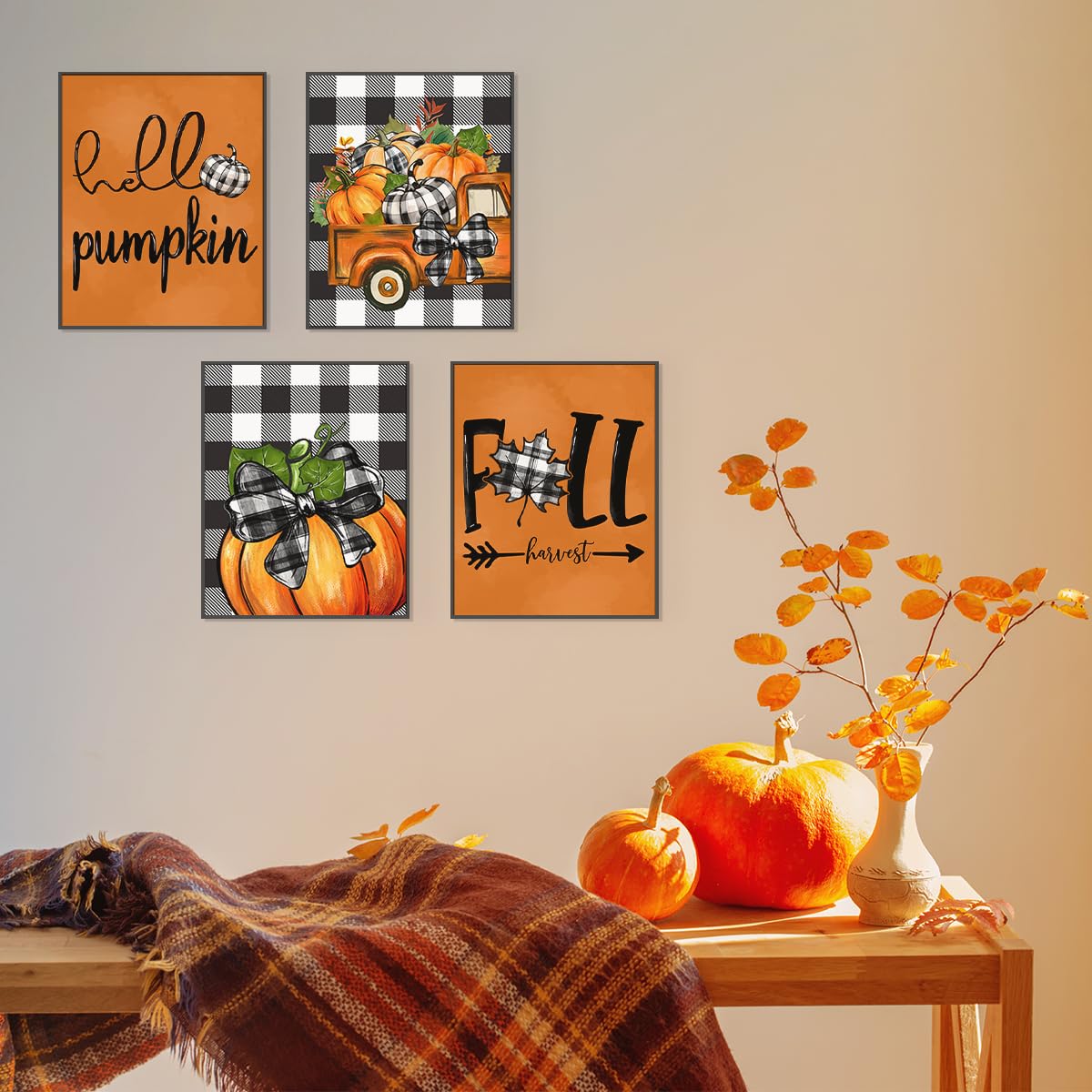 PLKMN Fall Wall Decor Set of 4, Thanksgiving Buffalo Check Pumpkin Truck Orange Decor, Fall Pictures Wall Art Prints 8x10 for Home Gallery Bedroom (Unframed)