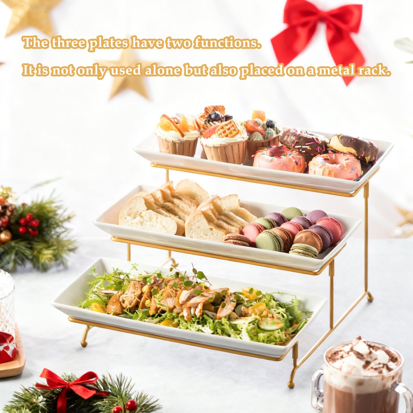 LYEOBOH 3 Tier Serving Stand and Platters Set Large Tiered Serving Platters with Collapsible Sturdier Rack 14 Inches Tiered Serving Tray for Appetizer Fruit, Dessert and Cupcake, White