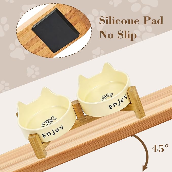 Ceramic Dog and Cat Bowl Set with Wooden Stand-Raised Non-Slip Bottom Weighted Matte Glaze Pet Feeder-Yellow Cat Ear-6.76 OZ