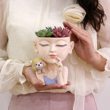 Face Planters Pots Cute Closed Eyes Girl and Dog Succulent Planter Unique Head Planter for Outdoor Indoor Planter Female Bust Vase - with Drainage Hole