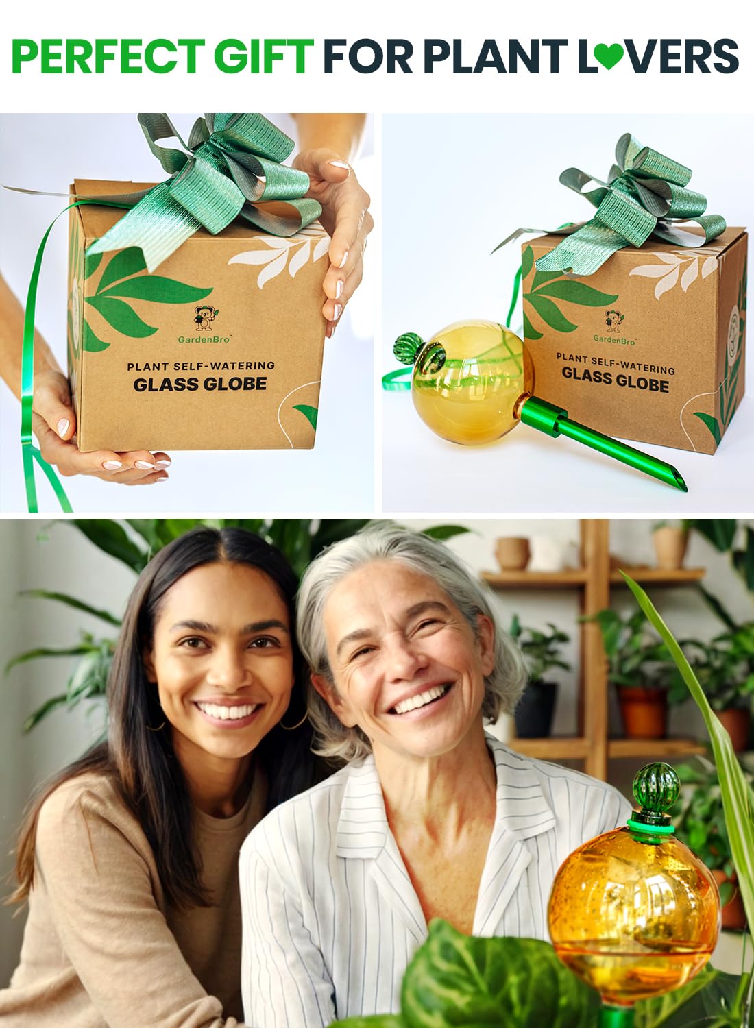 16 Oz Plant Watering Globes for Indoor Plants with Metal Self Watering Planter Insert - Premium XL Glass Hand-Blown Globe - Automatic Plant Waterer Indoor, Gift Idea for Gardeners [1 Globe, Golden]