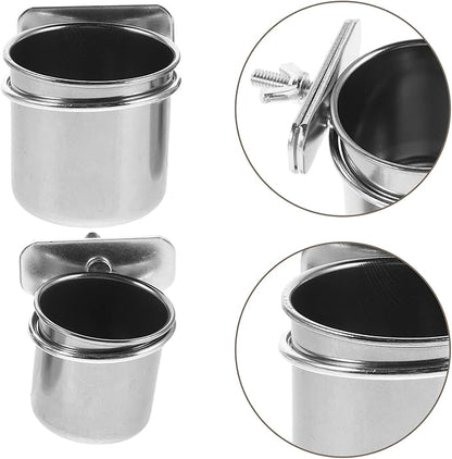 Abaodam 2pcs Stainless Steel Parrot Feeder Bowls with Clamp Holders, Cage Hanging Coop Cups 4.4cm and 5.5cm for Cockatiel Budgie Parakeet Bird Cage Feeding Supplies