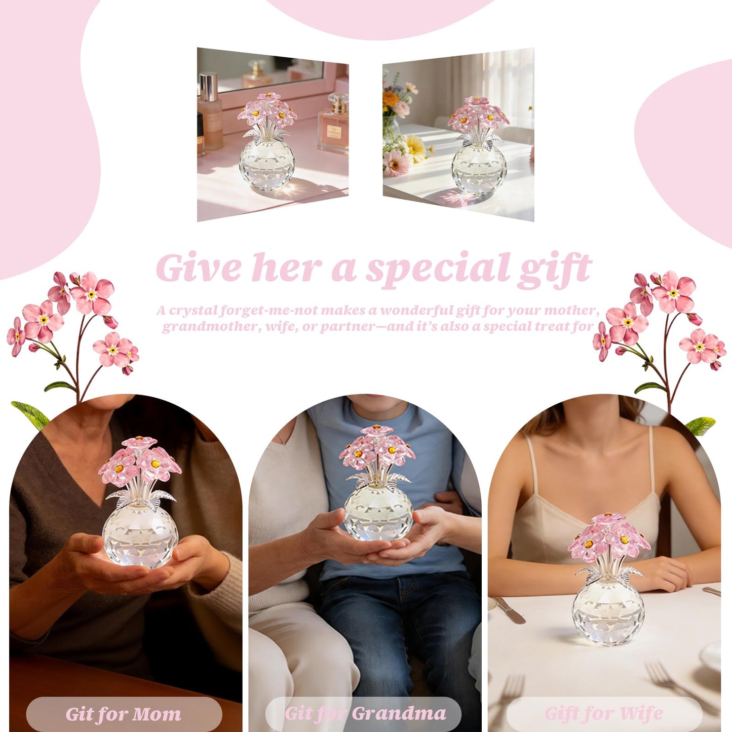 K9 Pink Crystal Forget-Me-Not Figurine in Clear Crystal Vase