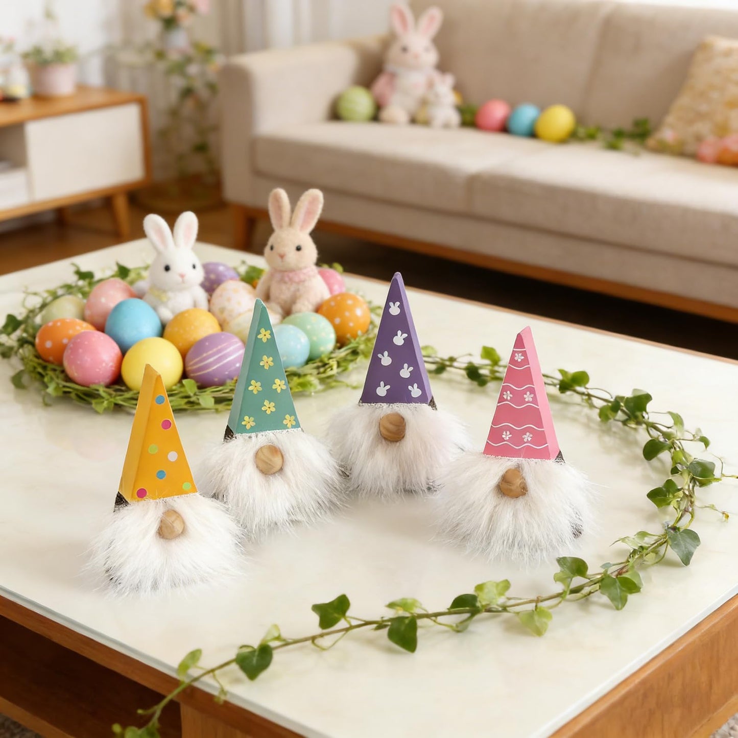 DAZONGE Easter Decorations, Easter Gnome Decor, 4PCS Wooden Spring Gnomes with Faux Fur Beards, Cute Gnome Figurines for Tiered Tray Mantel Shelf Table