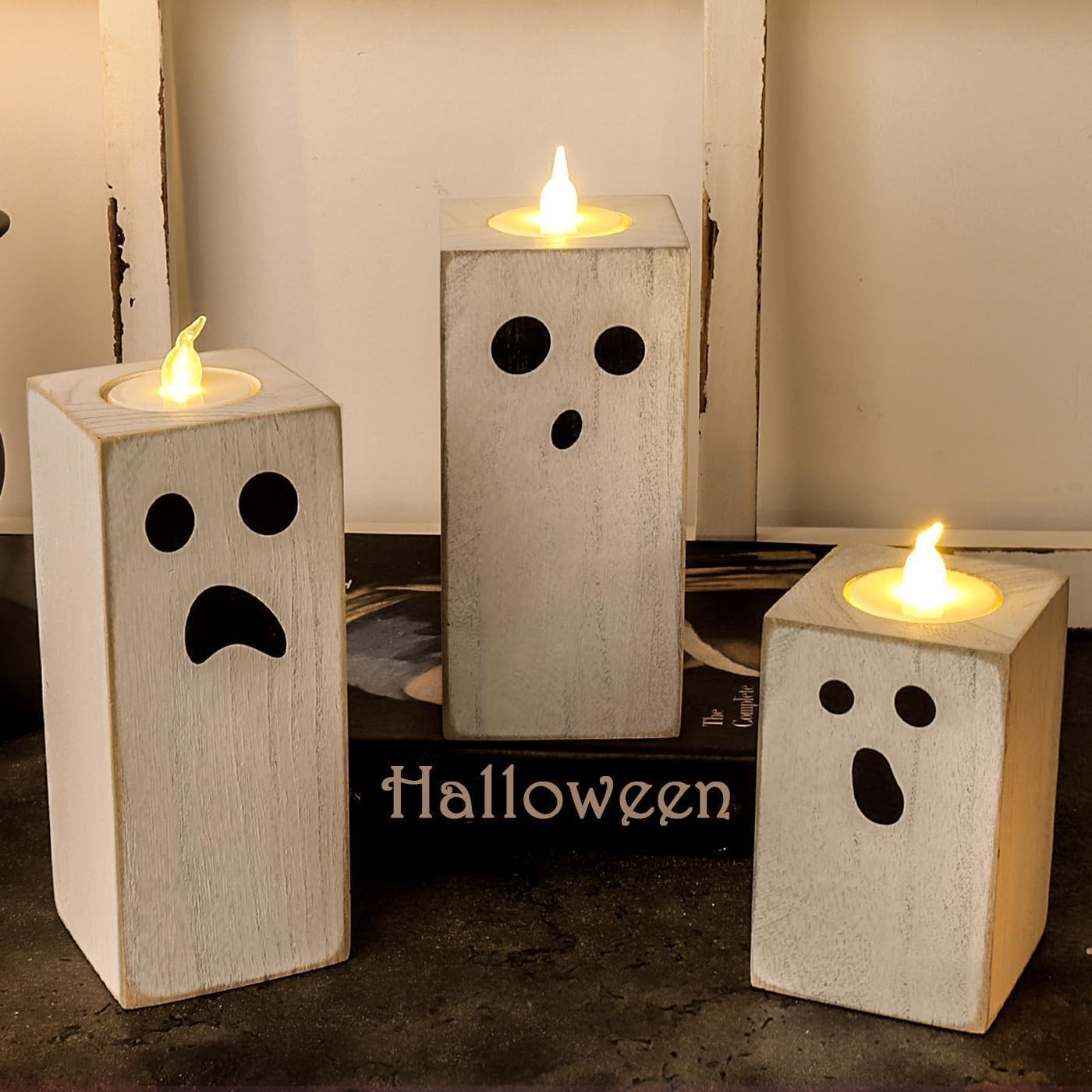 Treory Halloween Decorations: 3pcs Cute White Ghost Decor, Farmhouse Wooden Ghost Sign with Flameless LED Tea Lights, Rustic Room Decor for Kids Home Office School Desk Fireplace