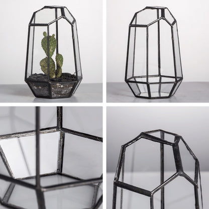 NCYP Small No Door Geometric Terrarium - 4.1" x 3.5" x 5.9" Miniature Irregular Glass Terrarium Planter for Mini Succulent Air Plants - Tabletop Garden Container, Black (No Plants)