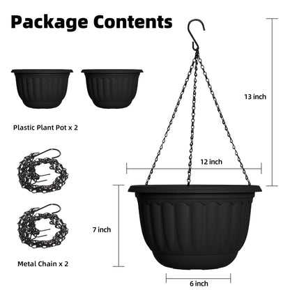 YIKUSH Planters for Outdoor Plants 2 Pack Black Plant Pots with Drainage Hole and Absorbing Tray Hanging Planters for Indoor Plants (12 inch, 3 Hooks)