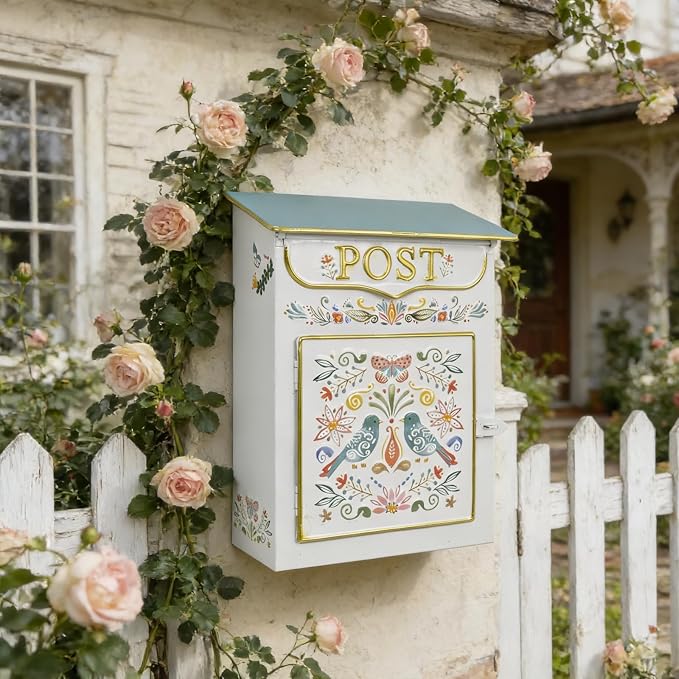 Mailbox Wall Mount Mailboxes for Outside Vintage Mail Boxes for House Outside Metal Drop Box Antique Style Nostalgic Charm Home Decorative, Flower Pattern