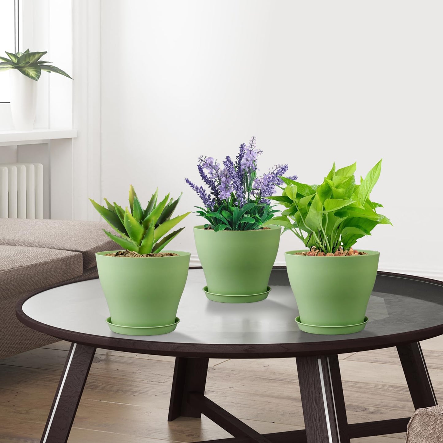 Meowell 6 inch Plastic Nursery Pots,16 Pack Plant Pots for Small Indoor Outdoor Plants, Flower Pots with Drainage Holes and Saucers, Decorative Seedling Starter Planters for House Plants, Green