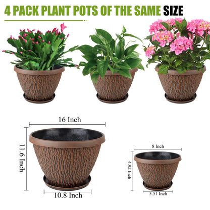 Nooulap 4 Pack 8 inch Small Plant Pots and 4 Pack 16 inch Large Flower Pots, for Indoor Outdoor Plants, Plastic Flower Pots Outdoor with Drainage Hole & Tray, Lightweight Planters Garden Home Decor