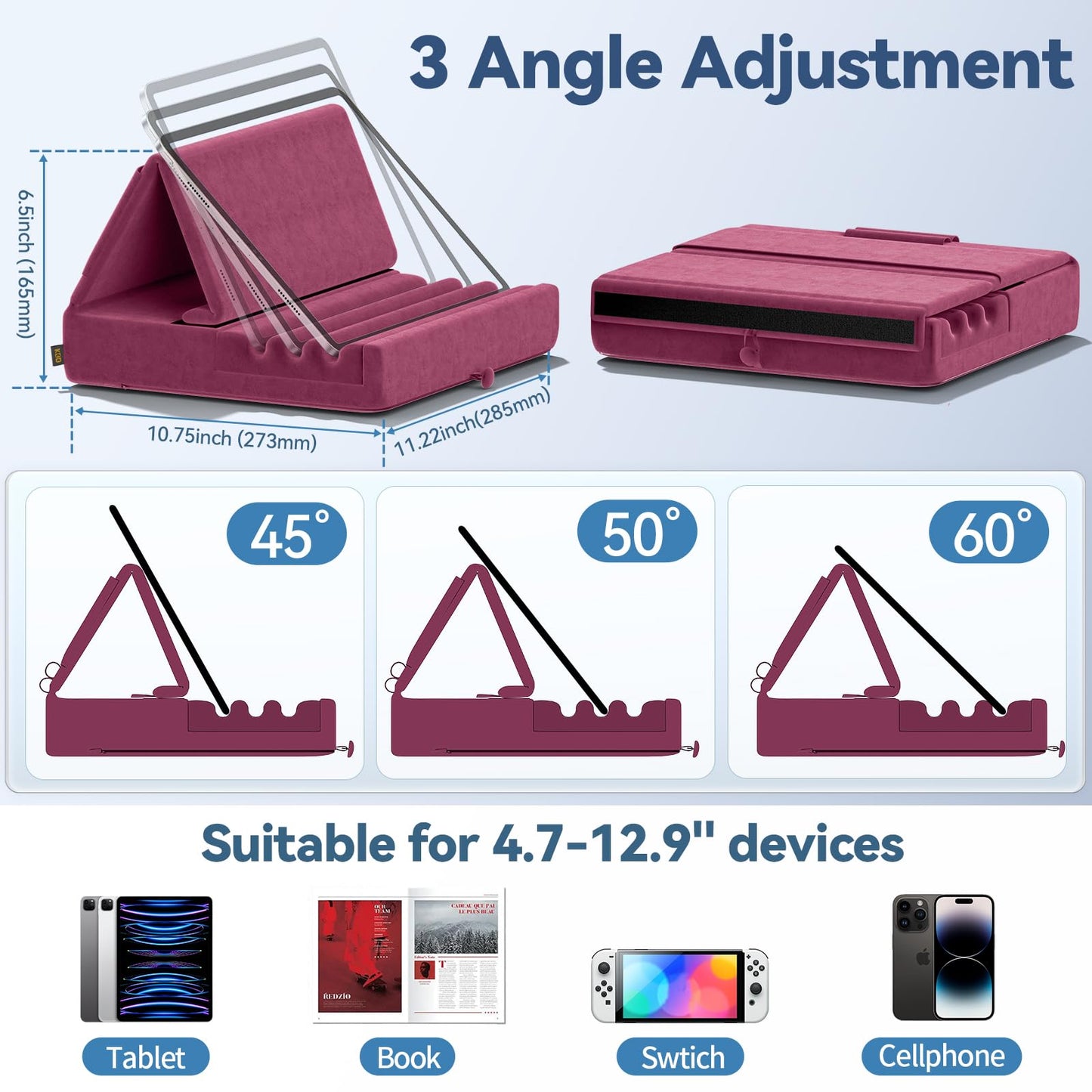 KDD Tablet Pillow Holder, Foldable iPad Stand for Lap, Bed and Desk -Tablet Soft Pad Dock with Pocket & Stylus Mount Compatible with iPad Pro 12.9, 10.5, 9.7 Air Mini 6 5 4 3, Galaxy Tab, E-Reader