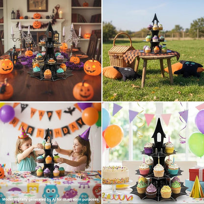 3-Tier Spider Web Cupcake Cardstock Stand - Haunted House & Ghost Theme Halloween Cool Hero skyscraper Party Serving Tray birthday party supplies