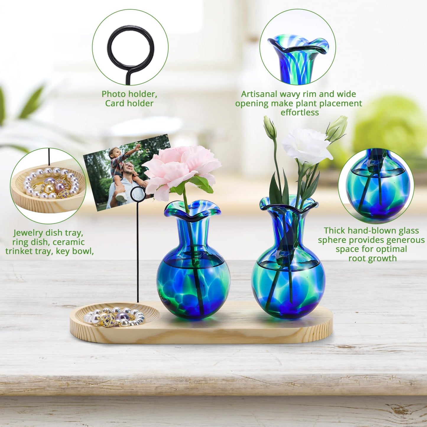 Pozfun Hand Blown Glass Plant Propagation Stations Plant Terrarium Wooden Stand for Hydroponic Plants Combine Jewelry Tray and Photo Holder Office Home Garden Decor - 2 Bulb Glass Vases