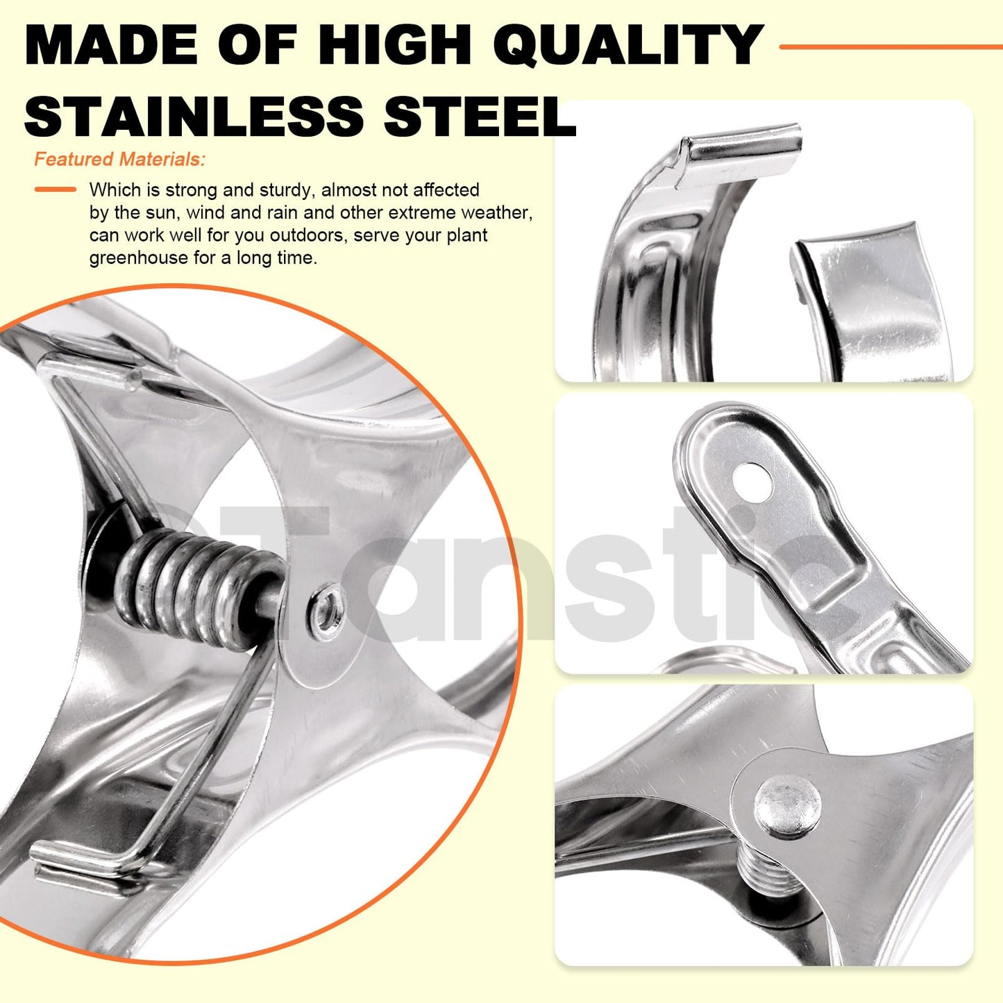 Tanstic 10pcs 6.3 Inch Stainless Steel Greenhouse Clamps Heavy Duty Garden Clips with Strong Grip and Large Open Mouth for Netting Holding