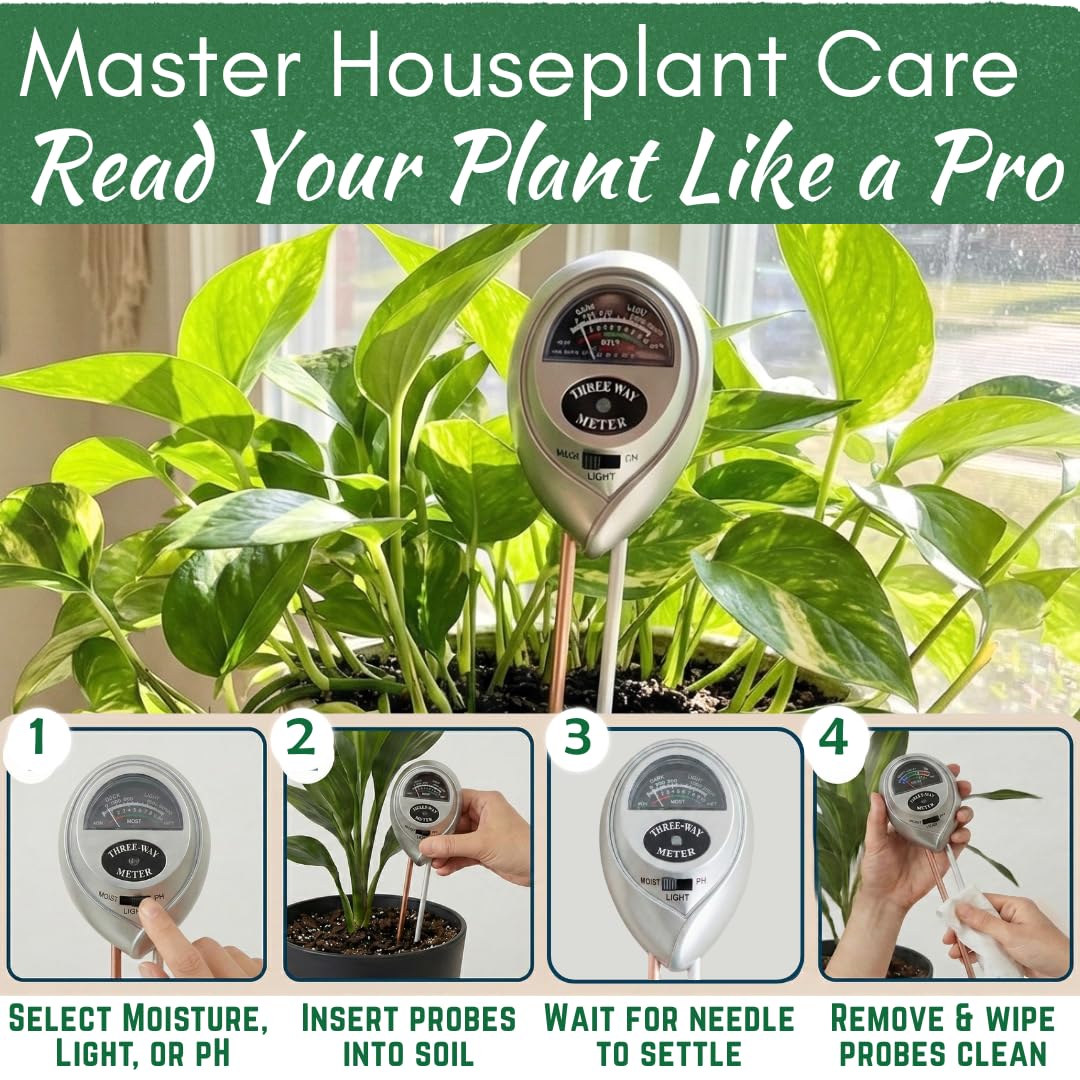 Houseplant Health Meter – 3-in-1 Tool to Prevent Overwatering, Root Rot & Leaf Burn | Test Soil Moisture, Sunlight & pH | Simple, Easy, Battery-Free | Suitable for Indoor, Outdoor & Potted Plants