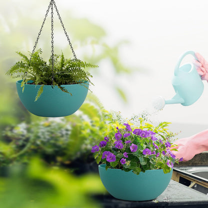 WSMKSZ 10 inch Hanging Planters for Outdoor Indoor Plants with Drainage Holes and Chain, 2 Pack Round Hanging Flower Pots for Garden Home Porch Decor, Blue Green