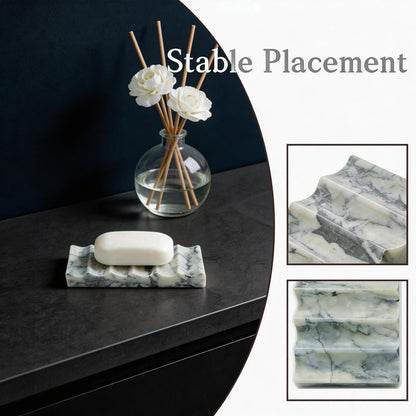 Green Marble Soap Dish, Natural Stone Soap Tray for Shower, Elegant Bar Soap Holder for Bathroom, Kitchen, Countertop, Waterfall Design for Fast Drying