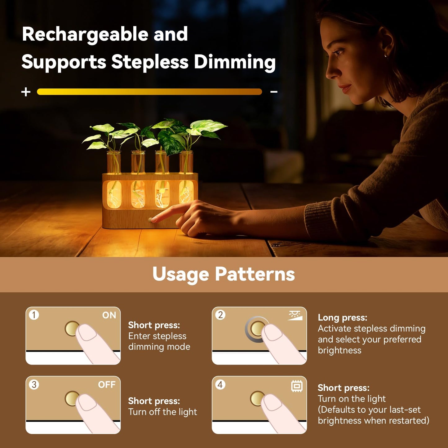 Giunn Rechargeable Plant Propagation Station with Stepless Dimming LED Light, Wooden Stand, 4 Glass Test Tubes, Home Decor for Hydroponic Plants, Unique Gifts for Women & Plant Lovers