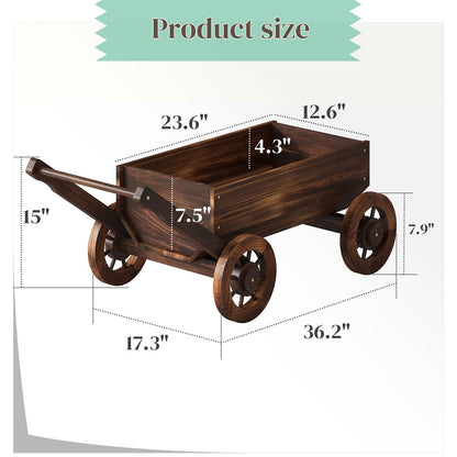 PULIJIAJU Wooden Wagon Garden Planter Cart with Wheels Rustic Flower Pot – Indoor Outdoor Patio Backyard Balcony Decor for Succulents, Flowers and Plants（Carbonized-L