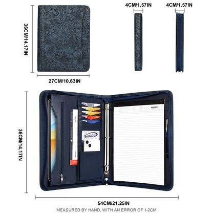 Leathario Portfolio Binder, Includes 5 Folder Index Dividers and 3 Notepads, 3-Ring Folder Organizer, Padfolio with Zipper, Vegan Leather Tablet Sleeve, Business Office Conference Clipboards