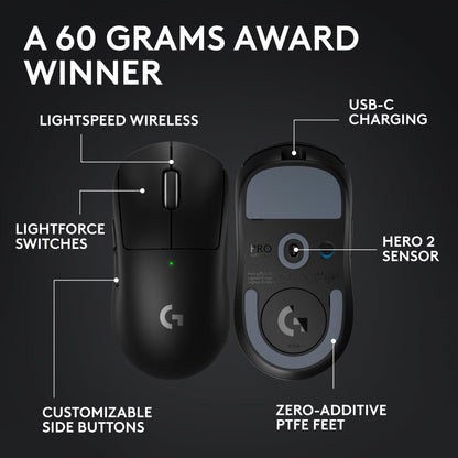 Logitech G PRO X SUPERLIGHT 2 Wireless Gaming Mouse, 60g Pro-Grade with 5 Programmable Buttons, 44k DPI Sensor, 8kHz Report Rate, USB-C Charging for PC/Mac - Black