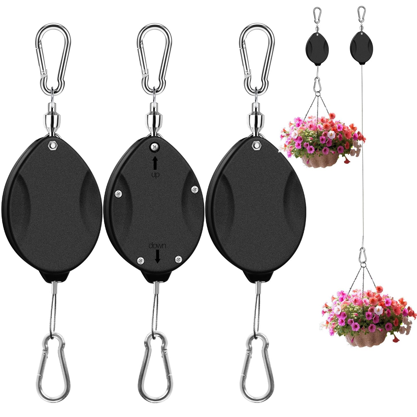 ZUZUAN 3 Pcs Upgraded Heavy Duty Retractable Plant Hanger,Plant Pulleys for Hanging Plants,Easy to Raise and Lower,Auto Lock,Adjustable Hook for Garden Baskets Pots,Birds Feeder and Grow Lights,Black