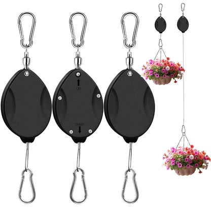 ZUZUAN 3 Pcs Upgraded Heavy Duty Retractable Plant Hanger,Plant Pulleys for Hanging Plants,Easy to Raise and Lower,Auto Lock,Adjustable Hook for Garden Baskets Pots,Birds Feeder and Grow Lights,Black