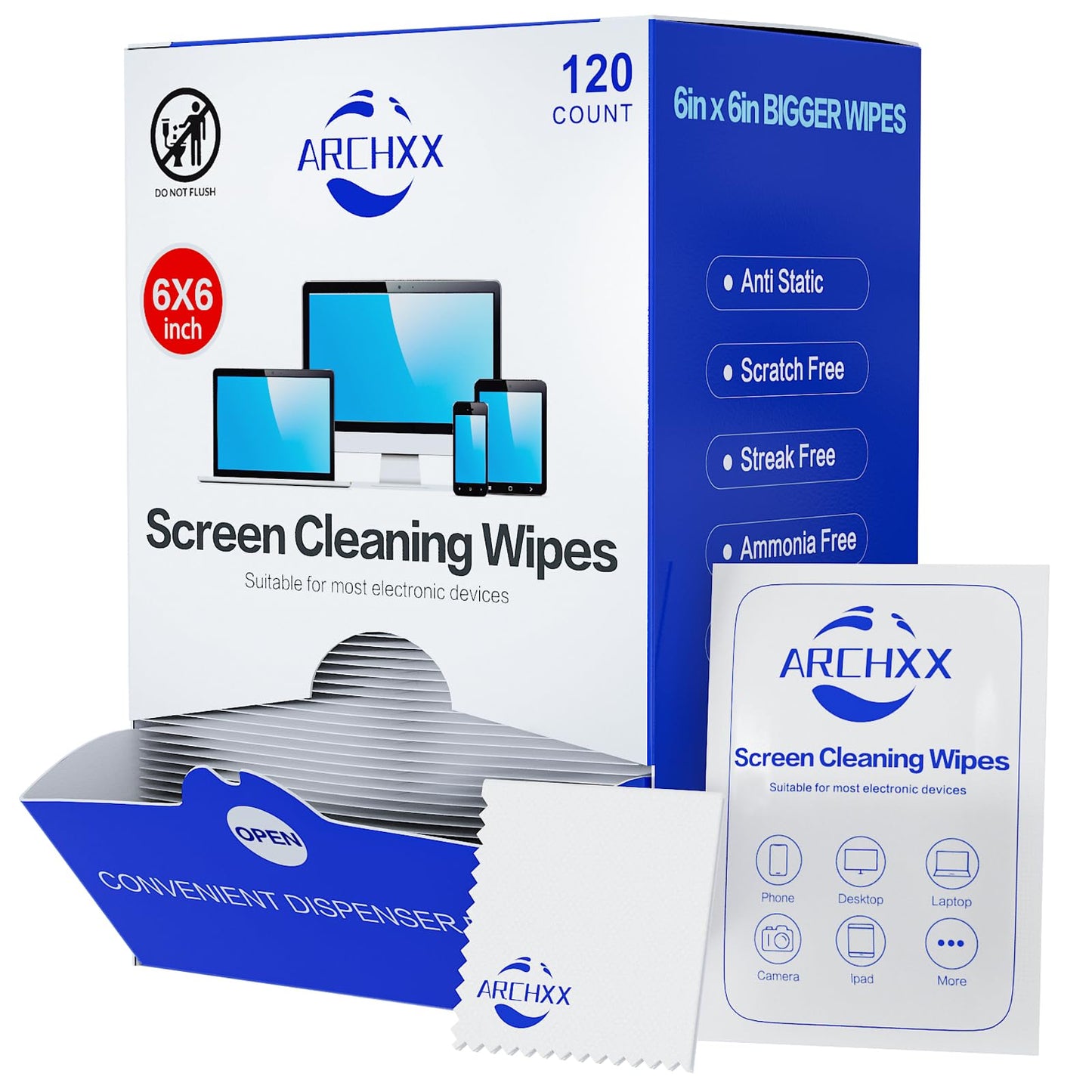 ARCHXX Screen Wipes for Electronics, 120 Count 6"x6" Pre-Moistened Screen Cleaner for Screens, Computer,Laptop,Tablet,Phone,Monitor,Car Screen Cleaner, Lens Wipes Individually Wrapped