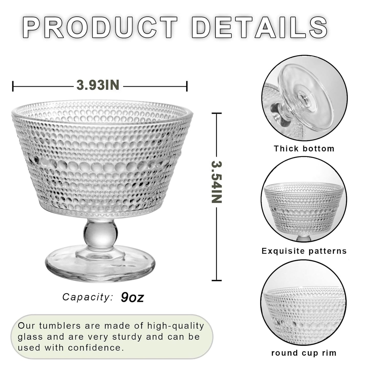 DNIENKGE Glass Dessert Bowls Breakfast Cups,Dessert cups Set of 4, 9oz Glass Ice Cream Sundae Cups，Glass Dessert Bowls, For oats，Ice Cream, Milk, Sorbet, Yogurt (4PCS), Transparent, D-1059