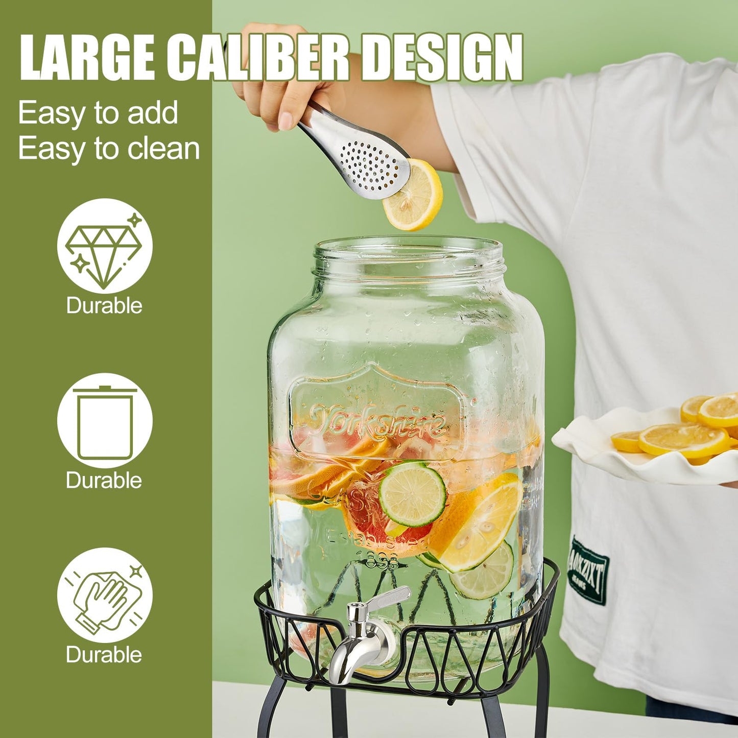 2 Gallon Beverage Dispenser with Stand and Lid, 18/8 Stainless Steel Spigot - Mason Jar Drink Dispensers with Lids, Glass Drink Dispensers for Parties