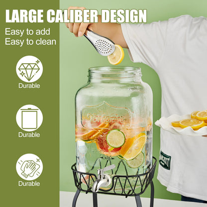 2 Gallon Beverage Dispenser with Stand and Lid, 18/8 Stainless Steel Spigot - Mason Jar Drink Dispensers with Lids, Glass Drink Dispensers for Parties