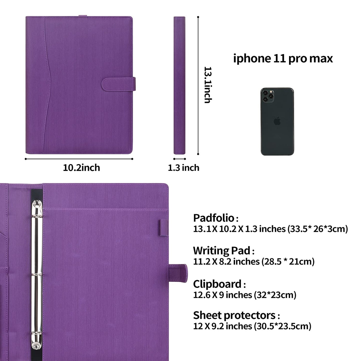 Wonderpool A4 PU Leather Portfolio Holder Ring File Document Case with Removable Binder Clipboard, Multi Pocket and Legal Pad for Business Organizer Interview and Meeting (Purple)