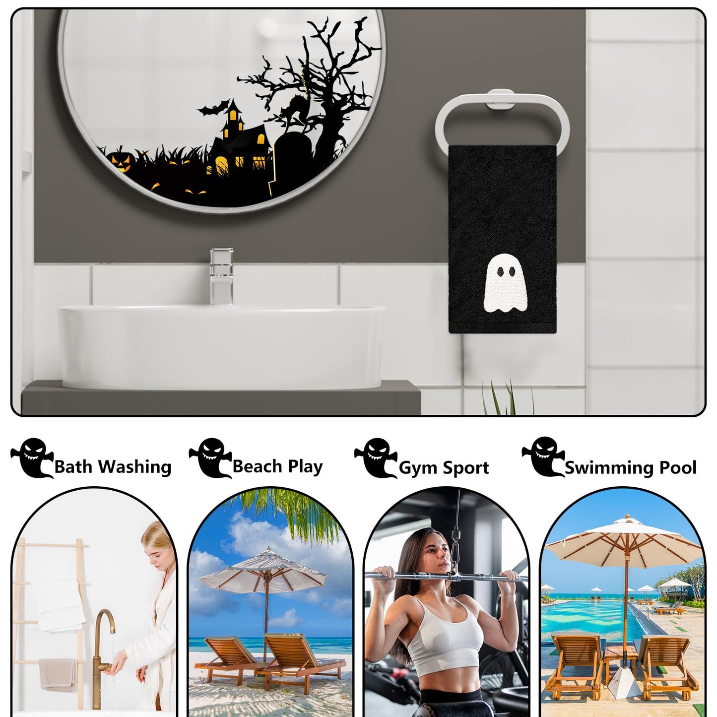 JarThenaAMCS 2 Pack Halloween Hand Towels Embroidered Black White Ghost Cotton Dish Towel for Bathroom Hand Drying Kitchen Cleaning Towel Gift Set, 29.5 x 13.7 Inch