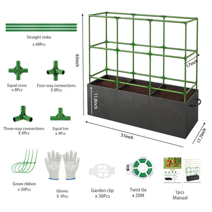 Rovexin 51x17x49 Inch Garden Tomato Cages Planter with 46 Gallon Grow Bags, Square Plant Support Trellis,for Vertical Climbing Plants Vegetables Fruits Flowers Outdoor Gardening Supplies