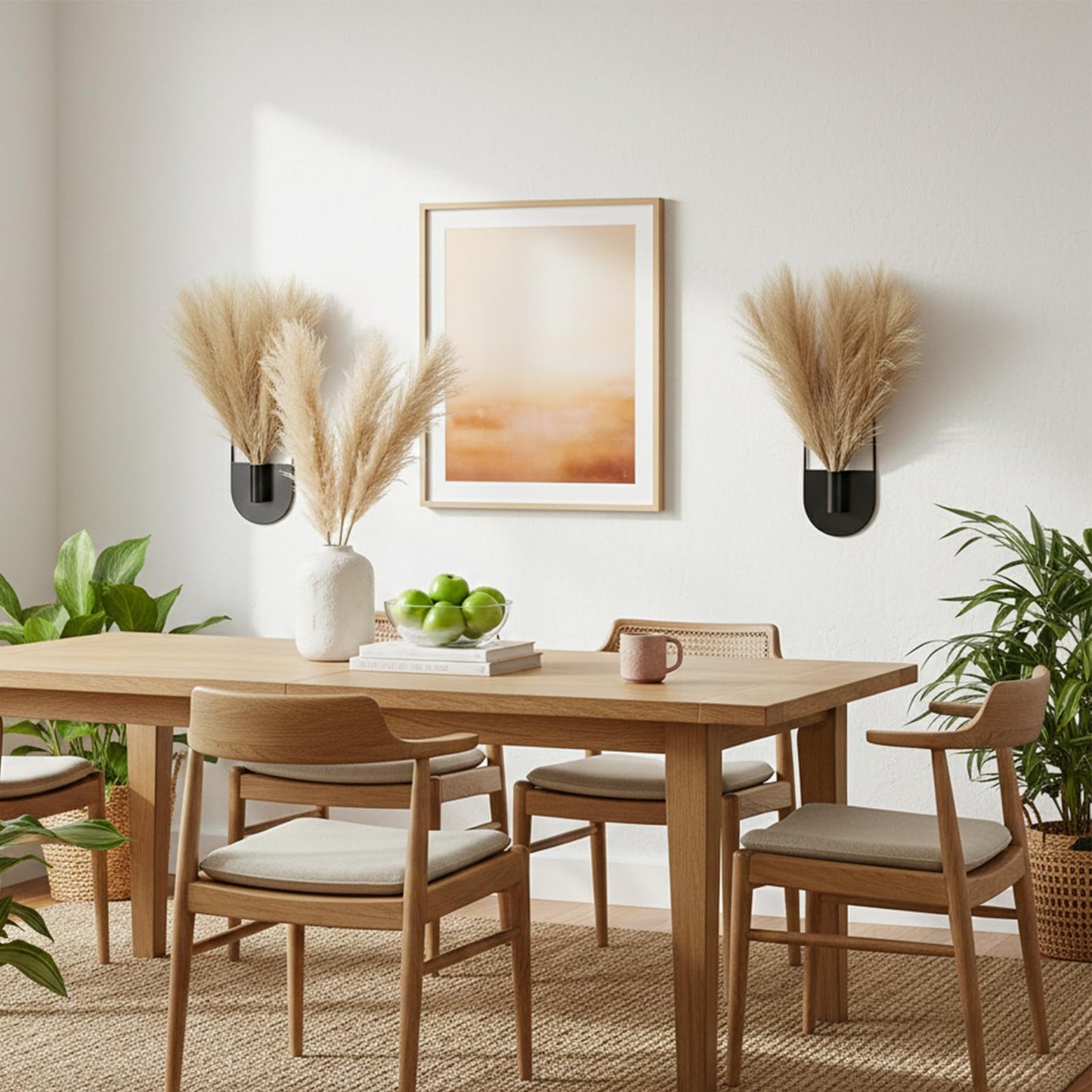 Nacidooka 2 Pcs Hanging Planters for Indoor Plants, Hanging Plant Holder with Artificial Pampas Metal Plant Hanger Wall Art Modern Boho Wall Decor for Bathroom Living Room Hallway Home Office(Black)