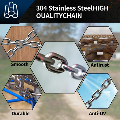 Stainless Steel Link Chain, 304 Stainless Steel Link Proof Coil Chain Heavy Duty Chains Hanging Safety Chain for Swing Plants Anti-Theft