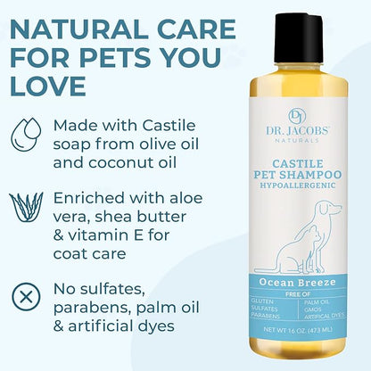 Dr. Jacobs Naturals Castile Pet Shampoo - Gentle Cat & Dog Wash with Pure Castile Soap - Plant-Based Dog Shampoo with Olive Oil, Coconut Oil, Shea Butter, Aloe Vera, Vitamin E - Ocean Breeze