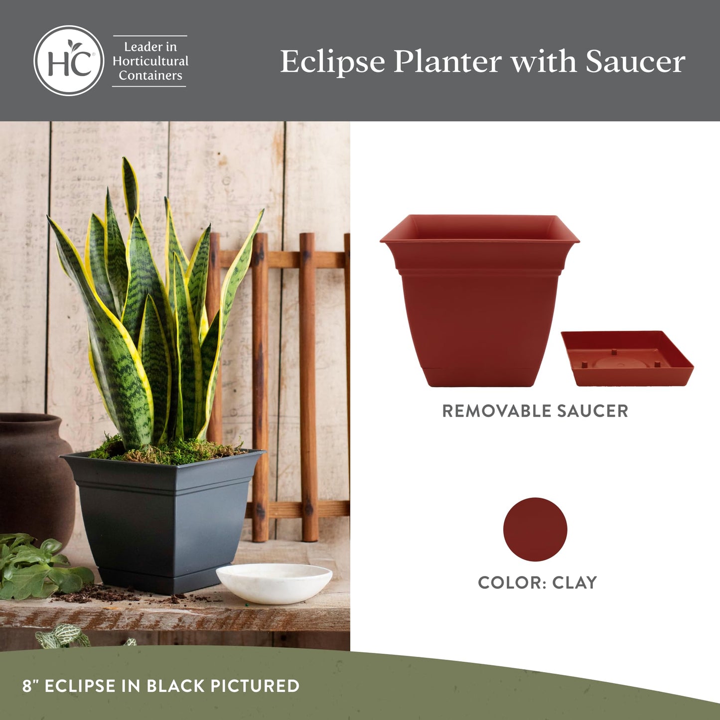 The HC Companies 12 Inch Eclipse Square Planter Pots with Drainage Holes & Attached Saucer, Lightweight UV-Resistant Plastic Indoor Outdoor Planters, 2-Pack Flower Pots for Garden & Home Decor, Clay