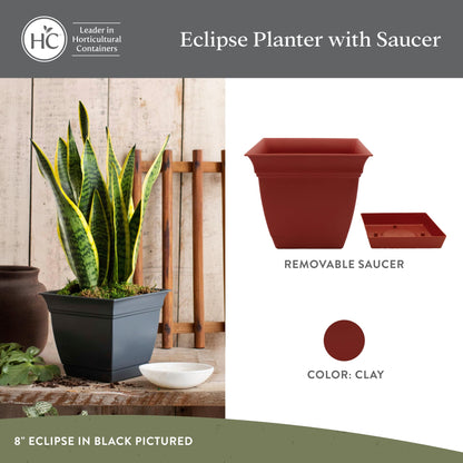 The HC Companies 12 Inch Eclipse Square Planter Pots with Drainage Holes & Attached Saucer, Lightweight UV-Resistant Plastic Indoor Outdoor Planters, 2-Pack Flower Pots for Garden & Home Decor, Clay